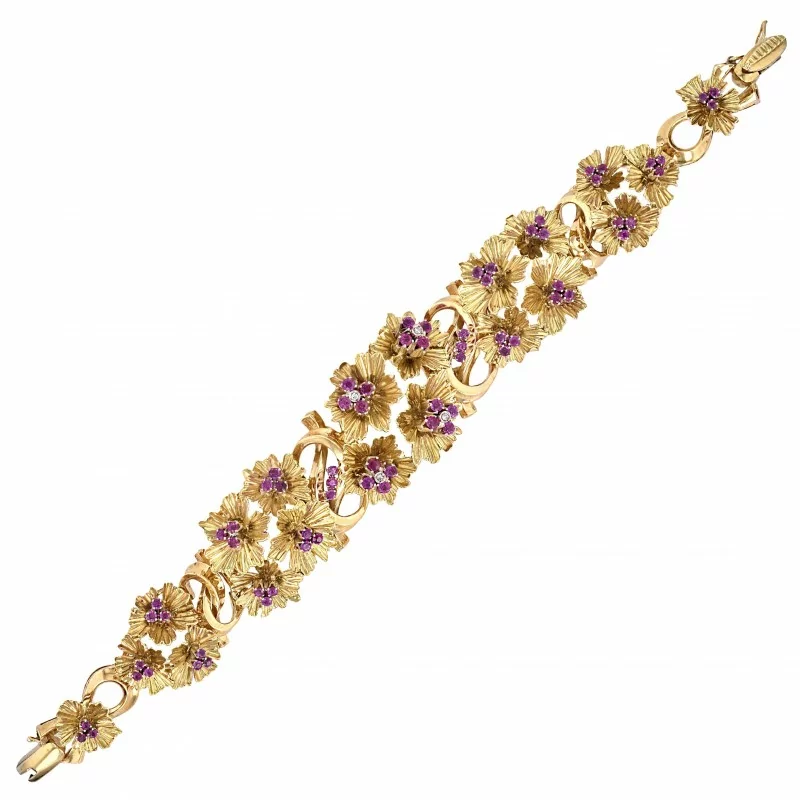 Armband-Gelbgold-Weißgold-Rubine-Diamanten-Blüten
