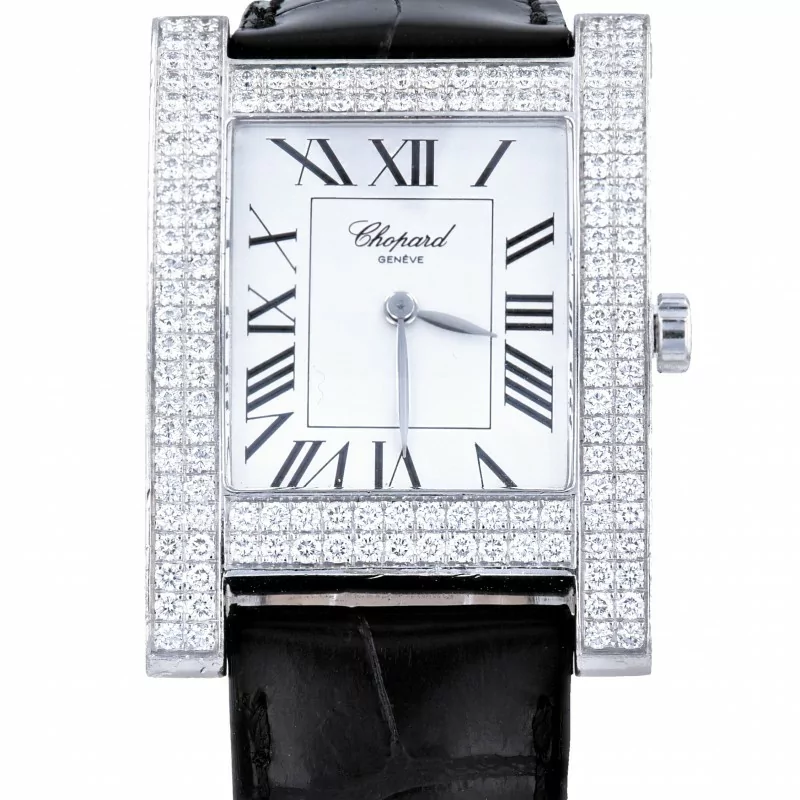 Damenarmbanduhr-Chopard-Weißgold-Quarz-Lederband-Diamanten-Damenuhr-Uhr-Stiftschließe