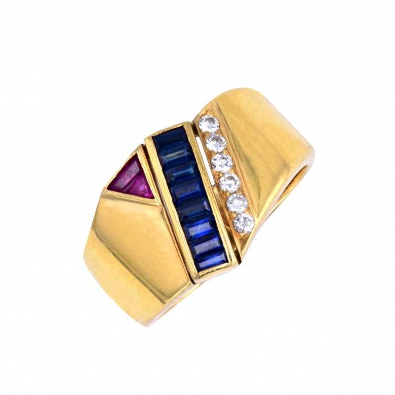 Saphir Ring mit Rubine und Brillanten in Gelbgold-K07931