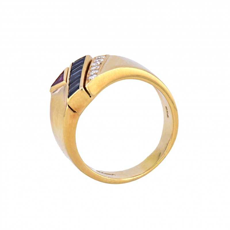 Saphir Ring mit Rubine und Brillanten in Gelbgold-K07931-Seitenansicht