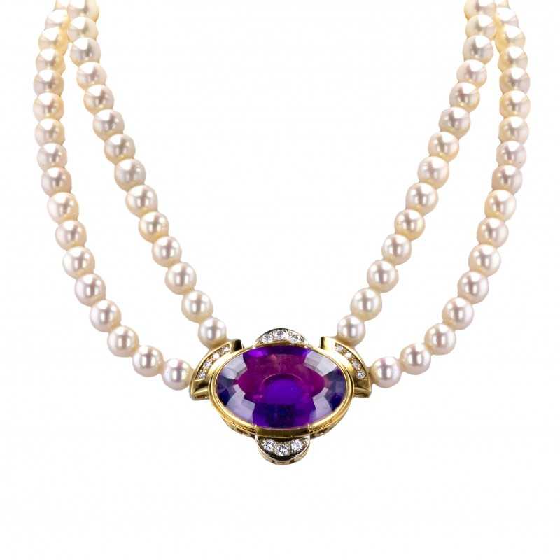 Zweireihiges Perlencollier mit Amethyst und Brillanten-K08181-Gesamtansicht